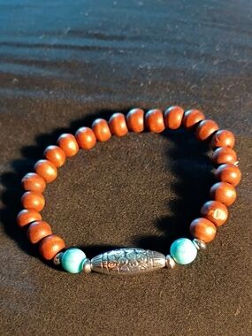 Handcrafted Wood Bead Bracelet with Turquoise Accent and Silver Tube